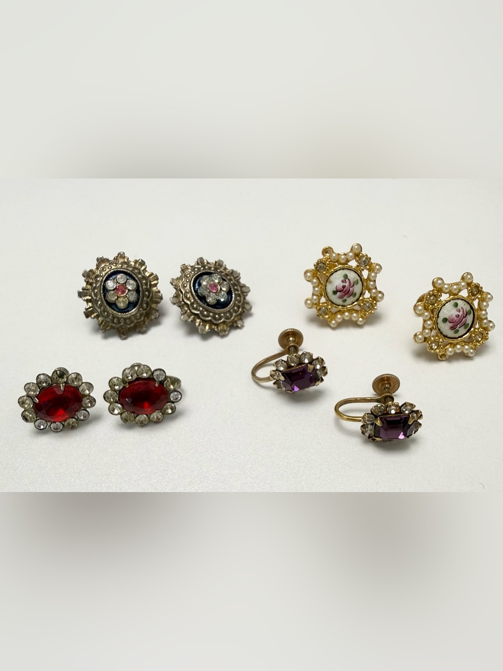 Vintage Antique Rhinestone Pearl Floral Enamel Screw-Back Earring Lot Bundle